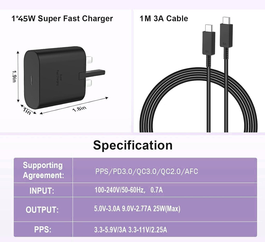 45W Super Fast Charger with 1m USB-C Cable | PD 3.0 PPS | Fast Charging Power Adapter